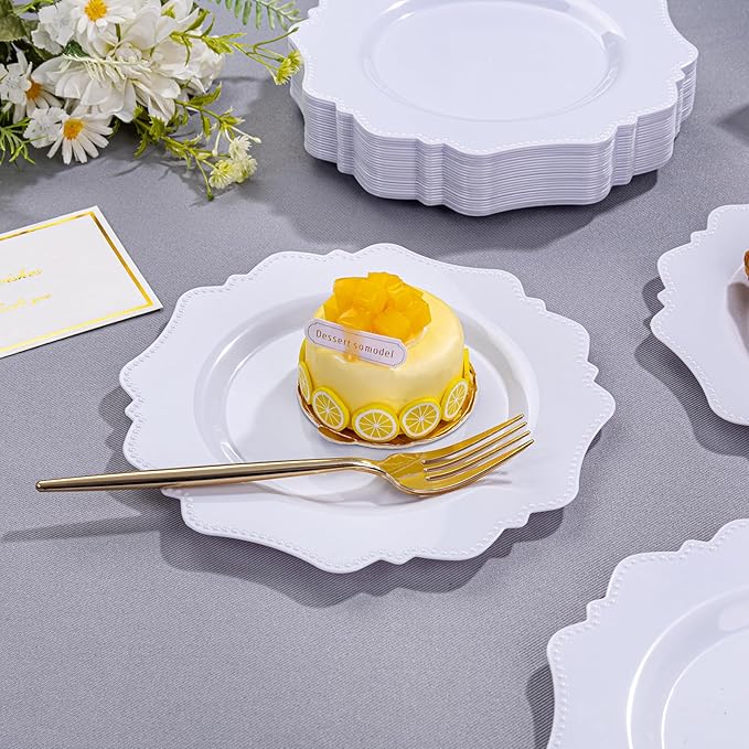 COLOSUS 100pcs 7.5 Inch White Plastic Dessert Plates,Heavy Duty Disposable Appetizer Plates,Premium Plastic Salad Plate,Fancy Disposable Cake Plate for Party, Wedding and Everyday Use