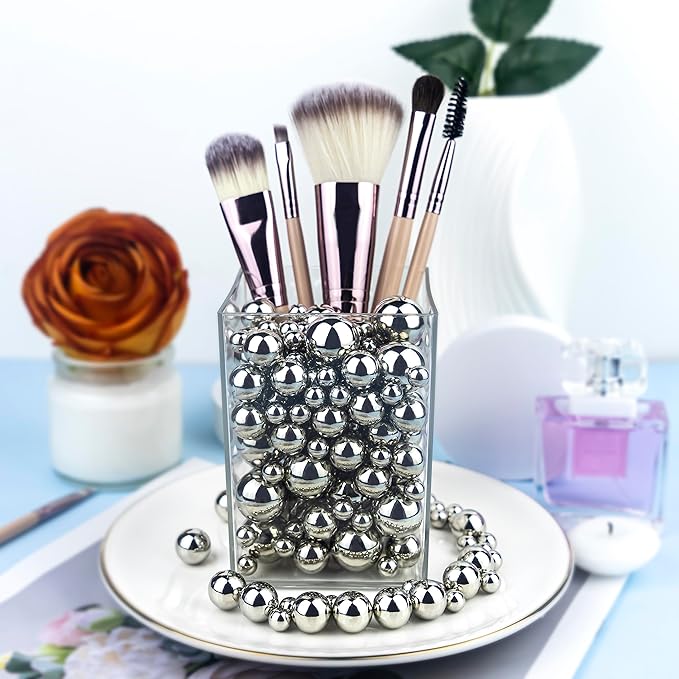 150Pcs Bright Silver Polished No Hole Faux Pearl Beads for Vase Filling Decorations, Plastic Pearls Vase Fillers, Table Scatters, Wedding Centerpiece, Home Decor, 8/14/20 mm