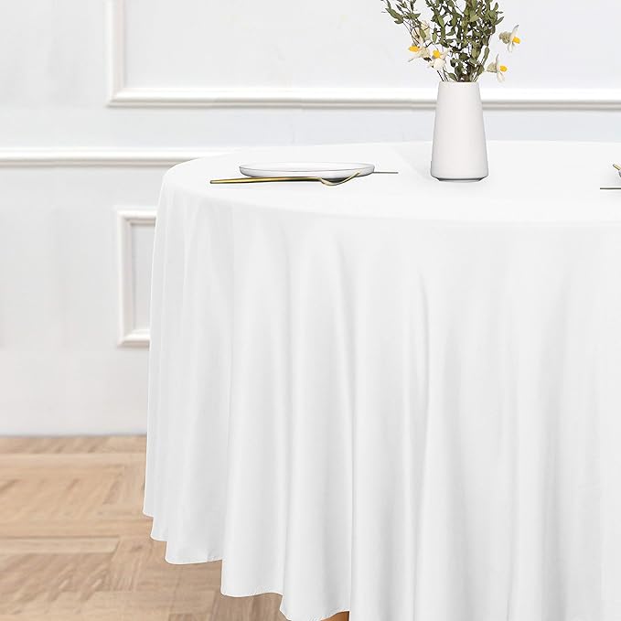 sancua Round Tablecloth - 108 Inch - Water Resistant Spill Proof Washable Polyester Table Cloth Decorative Fabric Table Cover for Dining Tables, Buffet Parties and Camping, White