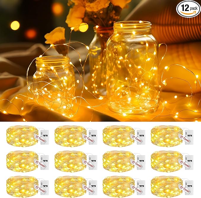 Litogo 12 Pack Fairy Lights Battery Operated with Timer, 20 LED 3 Modes Twinkle Light, 7ft Waterproof Silver Wire Mini Small Bulk Mason Jar String Light, Decor for Wedding Centerpieces Party Christmas