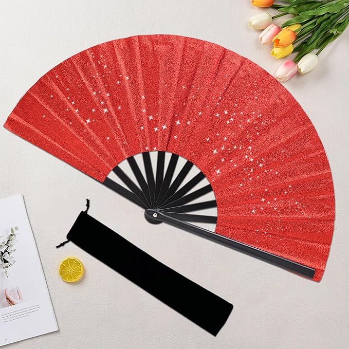 Glitter bling Large Folding Fan-Hand Fan Rave Clack Popping Fan for Line Dancing Clacking Fans for Boots On The Ground Dance, Party for EDM, Music Festival, Hot Flashes, Party, Decoration(1pcs red)