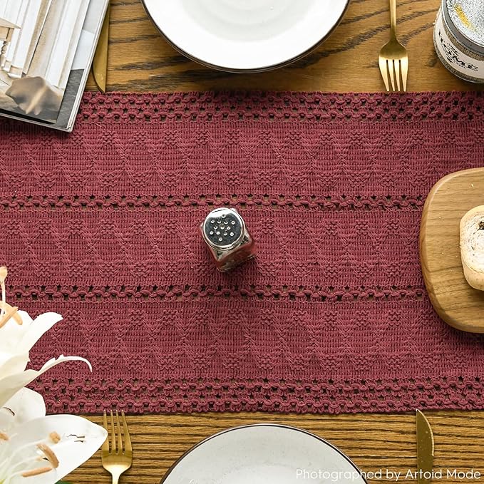 Artoid Mode Red Farmhouse Woven Rustic Hollow Table Runner, Seasonal Holiday Hollow Kitchen Dining Table Decoration for Home Party Decor 12x108 Inch