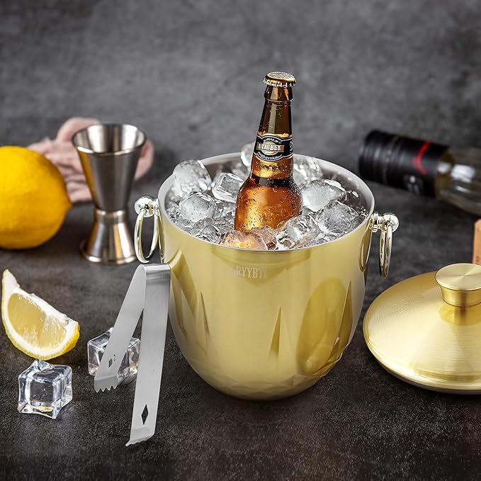 Ice Buckets for Parties with Lid,Tongs and Strainer (3L/Gold) Double Wall Stainless Steel Ice Bucket Keeps Frozen Longer,Ideal Perfect for Parties, Cocktail bar, Chilling Wine, Champagne