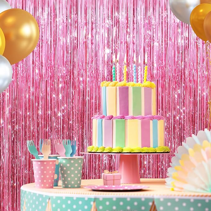 2 Pack Pink Metallic Tinsel Foil Fringe Curtains, Door Streamers Photo Booth Backdrop for Birthday Party, Tinsel Curtain Backdrop for Baby Shower Bachelorette Christmas Party Decorations