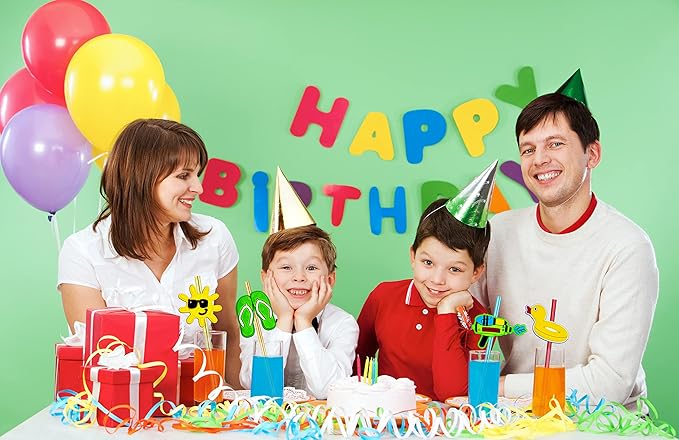 24 Pieces Beach Theme Reusable Plastic Drink Cocktail Straws Beach Ball Pool Summer Birthday Party Favor Decorations With 2 Cleaning Brushes 6 Colors Straws