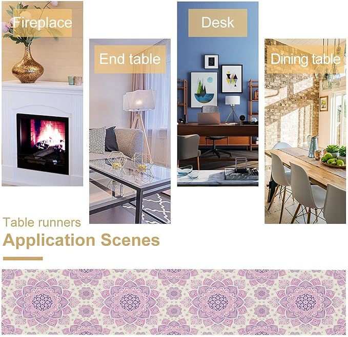 Purple Pink Mandala Table Runner, Traditional Indian Boho Mandala Flowers Print Table Runne for Kitchen Dining Table Office Wedding Party Holiday Home Decor, 13x70inch