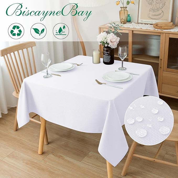 Biscaynebay Fabric Square Tablecloths 54x54 Inches, White Water Resistant Table Cloth Small Card Folding Table Covers Linen for Dining, Kitchen, Wedding and Parties etc. Machine Washable