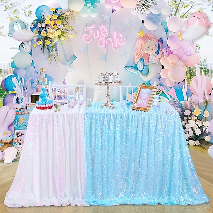 QueenDream Mermaid Blue Tablecloth 90x156 Inches Rectangle Tablecloths Sequin Iridescent Disco Party Decorations