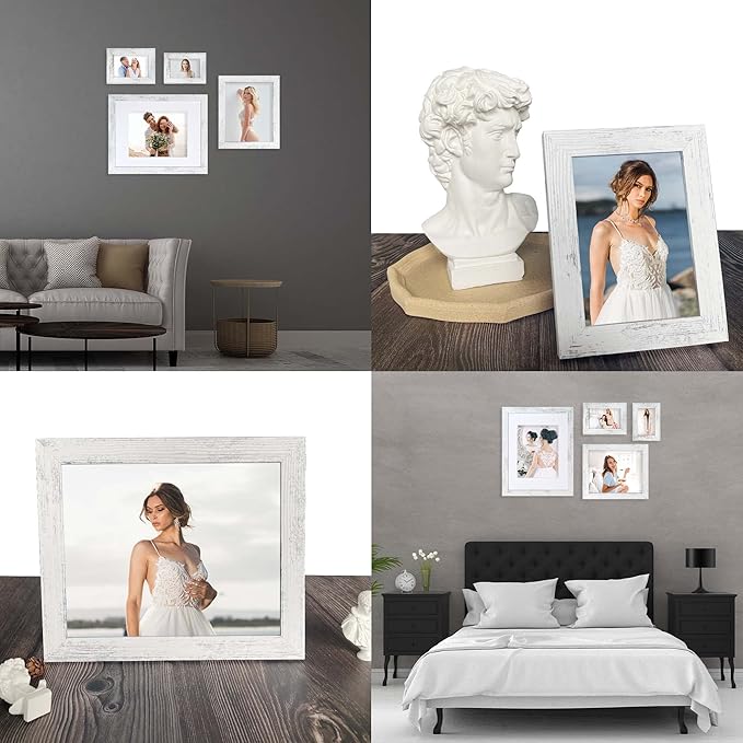 4x6 Picture Frame Set of 4, High Definition Glass Distressed White Frame, 4 x 6 Wood Photo Frames for Tabletop Display and Wall Mounting