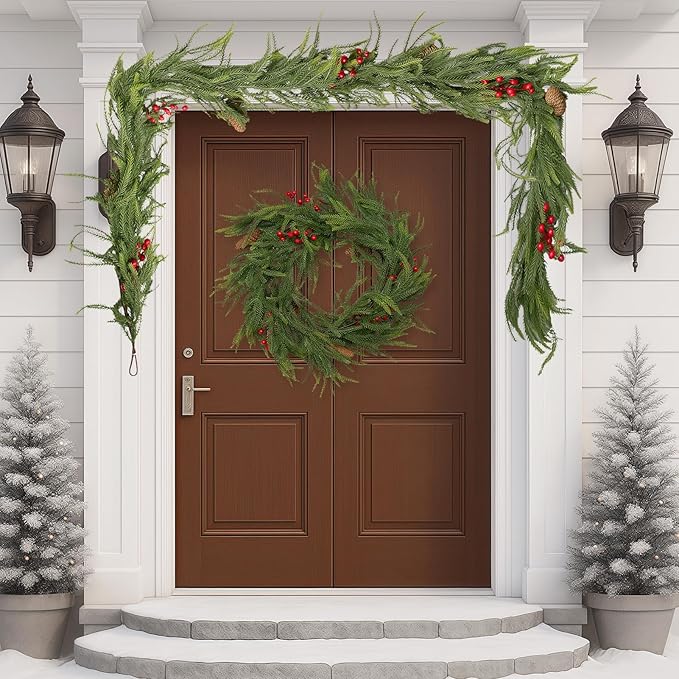 6FT Norfolk Pine Garland Christmas Artificial Greenery with Red Berries Cones, Pine Tree Decor for Mantel Fireplace Stair Rail Doorway Table, Indoor Outdoor Winter Christmas Decorations
