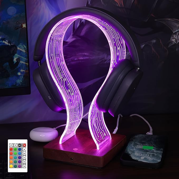 YuanDian RGB Headphone Stand with 16 Changing Colors, Wooden Headset Holder with 1 USB Charging Port and 1 Type-C Charging Port Touch Control with Remote, Gift for Gamers, Men, and Music Lovers