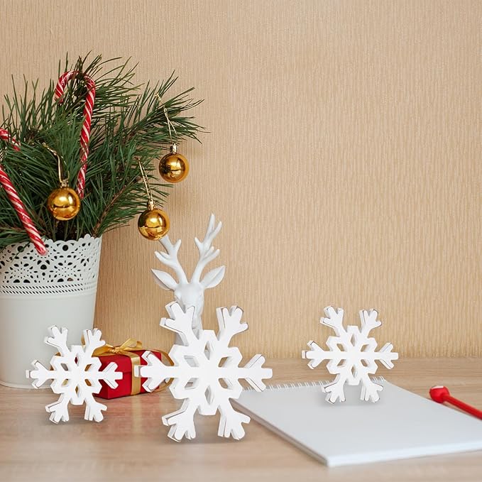 Snowflake Decorations Christmas Decor 6Pcs Winter White Wooden Snowflakes Standing Christmas Tiered Tray Decor Winter Wonderland Decorations for Indoor Home Xmas Table Shelf Fireplace Mantel