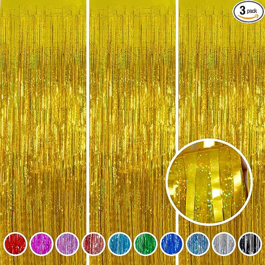 Foil Fringe Curtains Happy Retirement Decorations - Melsan 3 Pack 3.2 x 8.2 ft Gold Tinsel Curtain Party Photo Backdrop for Birthday Party Baby Shower or Graduation