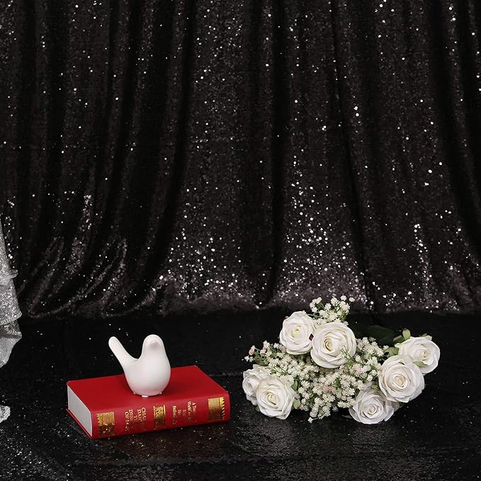 Poise3EHome 2Pcs 3Ft x 8Ft Black Sequin Backdrop Curtain, Glitter Photography Background, Sequence Xmas Thanksgiving Backdrop for Wedding Party Holiday Festival Decor
