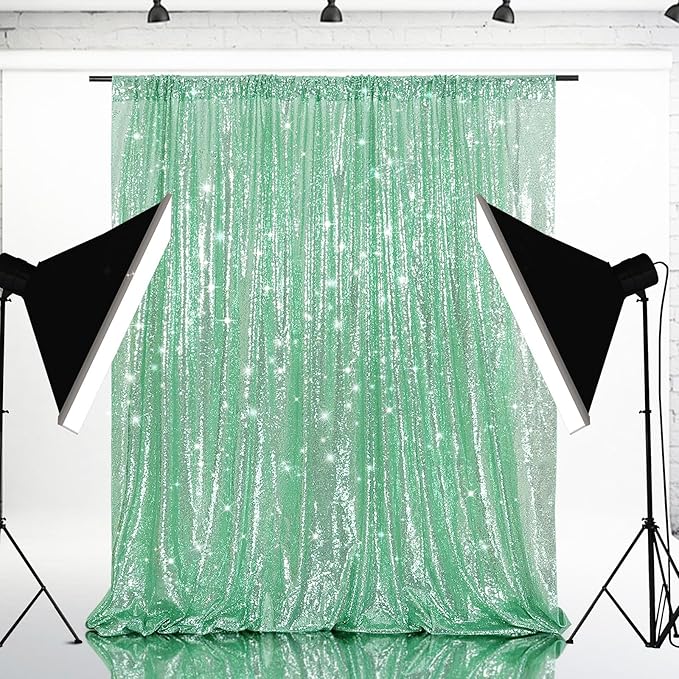 Eternal Beauty Mint Green Sequin Backdrop, 8x10 Ft Glitter Background Curtains for Shimmer Photography Party Wedding Birthday Back Drop Decor