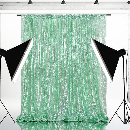 Eternal Beauty Mint Green Sequin Backdrop, 8x10 Ft Glitter Background Curtains for Shimmer Photography Party Wedding Birthday Back Drop Decor