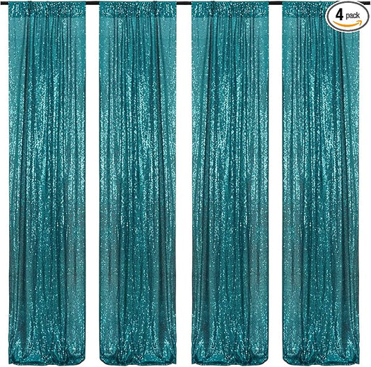 Poise3EHome Teal Sequin Backdrop Curtain,4 Panels 2FTx8FT Glitter Background for Party Birthday Party Baby Shower Wedding Christmas Thanksgiving Halloween Holiday Festival Decor