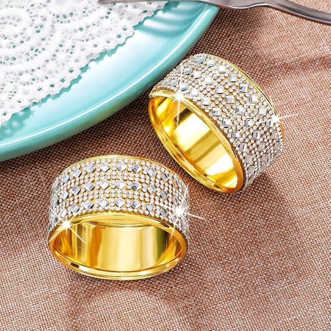 Rhinestone Napkin Ring Diamond Napkin Rings Stainless Steel Gold Crystal Napkin Holder Set of 6 for Dinner, Wedding, Party, Holiday, Banquet,Everyday Table Setting Home Decor (6, SilverGold)