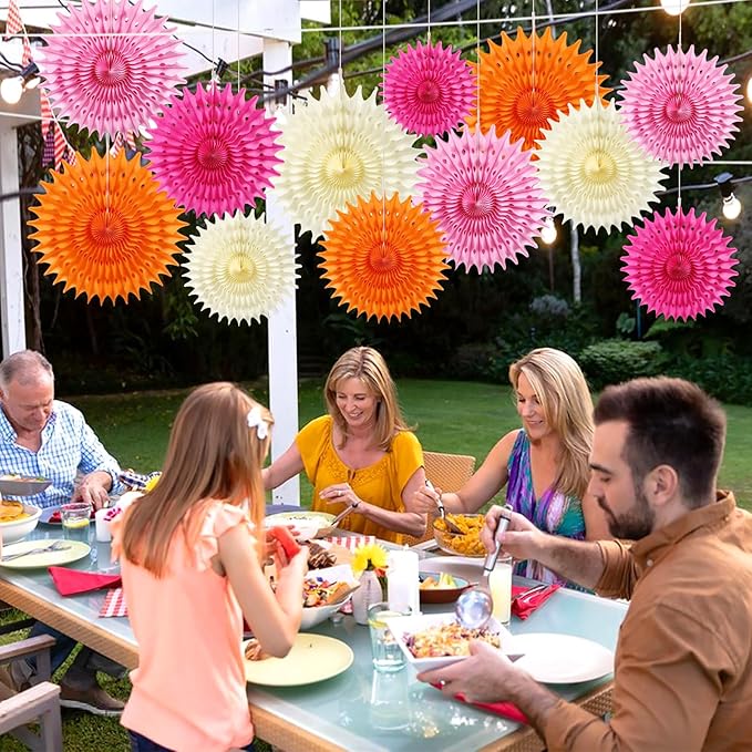 BestoFun 12PCS Paper Fans Hot Pink and Orange Party Decorations Tissue Paper Flowers Decorations for Girl Groovy Birthday Baby Shower Wedding Bachelorette Room Wall Hanging Décor