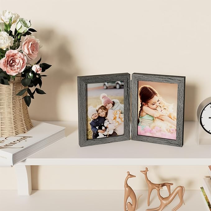 decorUhome Double 5x7 Picture Frame Vertical, Engineered Wood Bifold Photo Frame with Plexiglass for Tabletop Display, 5x7, Grey