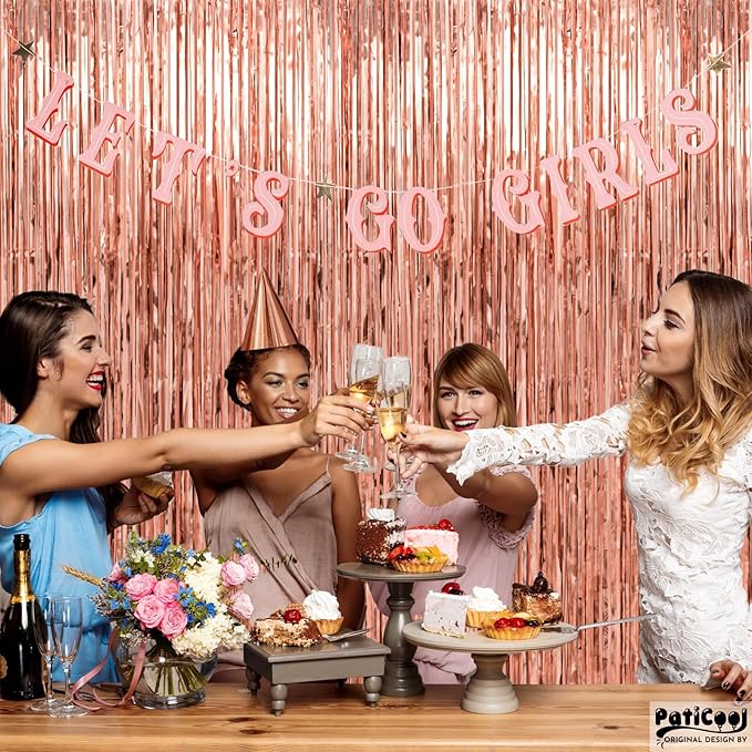 Rose Gold Birthday Decorations for Women Girls - Thicken 4 Pack 3.2 x 8.2 FT - Rose Gold Foil Fringe Curtain Backdrop for Birthday, Bridal Shower, Baby Shower, Bachelorette Party Decorations