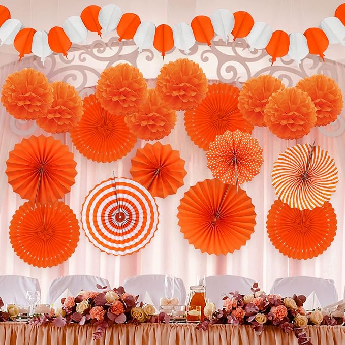 Orange Party Decorations, Papar Fans Pompoms Fans Garlands for Halloween Birthday Bridal Baby Shower Wedding Graduation Spring Festival Party Decorations