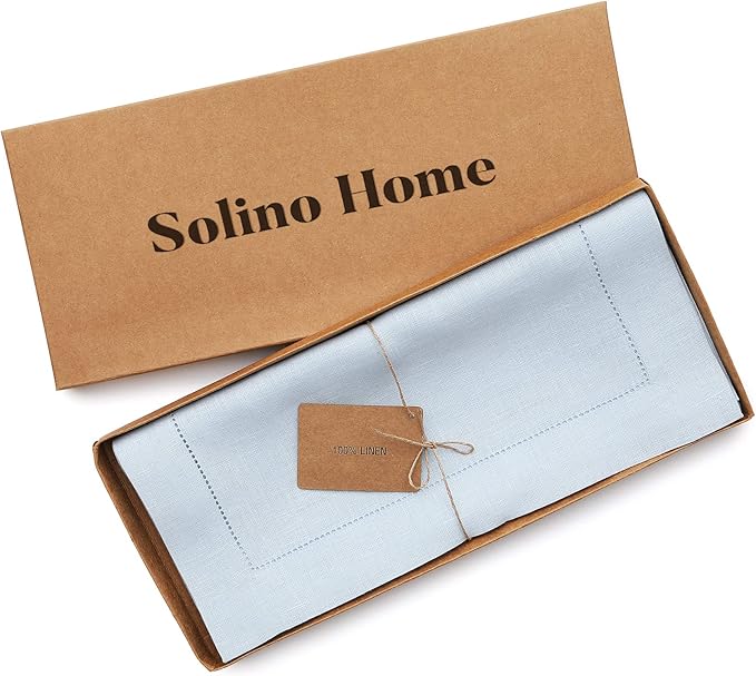 Solino Home Linen Light Blue Table Runner 90 Inches Long - 100% Pure Linen Hemstitch 14 x 90 Inch Table Runner for Dining - Classic Hemstitch