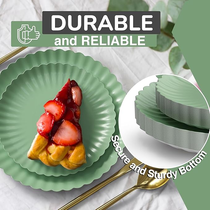 Trendables Scalloped Paper Plates 8.5 Inch & 10.5 Inch 80 Pcs Dinner Plate Set Fancy Disposable Plates for Party for 40 Guests 40 X 8 & 40 X 10 Large & Small Paper Plate Set for Parties Matcha