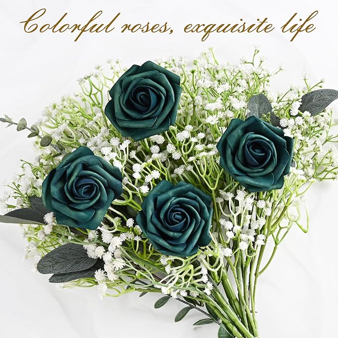 BLEUM CADE 16Pcs Artificial Flowers Fake Roses with Stems, Army Green Boxed Foam Roses for DIY Bouquets Centerpieces Wedding Party Arrangement Bridal Shower Decor