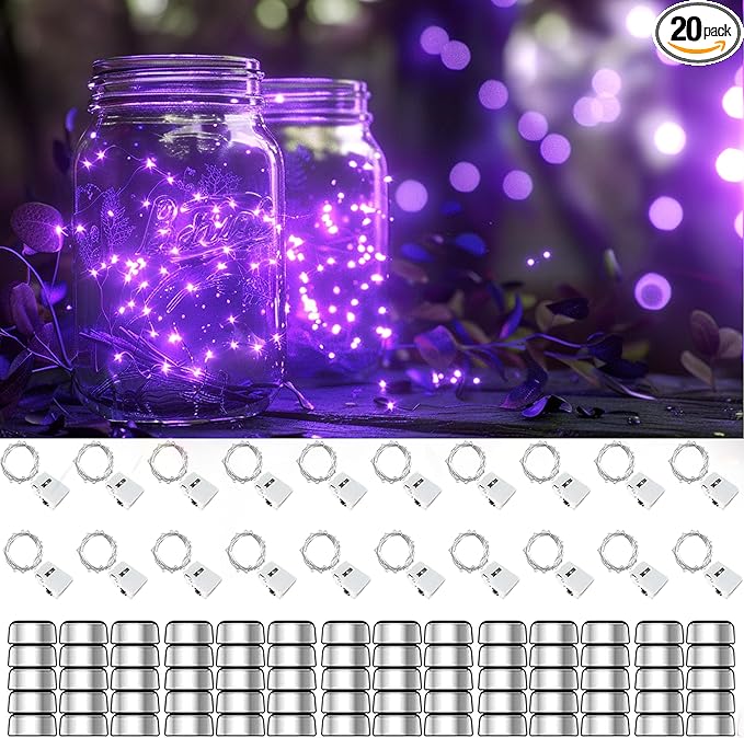 20 Pack Fairy Lights Battery Operated 60 Extra Batteries, 3 Modes 6.5ft 20 LED Mini String Lights, Waterproof Silver Wire Firefly Starry Lights for DIY Wedding Christmas Party, Purple