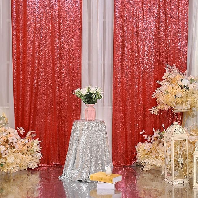Juya Delight Red Sequin Backdrop Curtain,4PCS 2FTx8ft Glitter Backdrop Curtain for Party,Birthday,Christmas Wedding Decoration