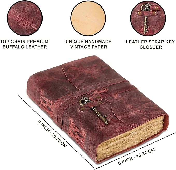 Leather Journal with Lined and Unlined Deckle Edge Paper 8x6 inch and Vintage Key | Handmade Writing Notebook Diary | Bound Daily Notepad for Men & Women Medium, Sketch/Writing pad for Artists