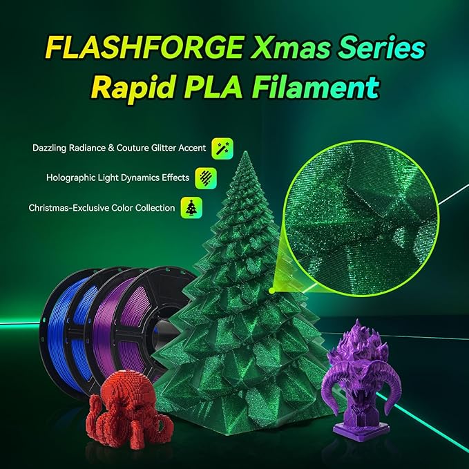 FLASHFORGE Xmas Series Rapid PLA Filament Aurora Green, High Flow Speedy 3D Printer Filament Max 500mm/s High-Speed Printing, Radiated Unparalleled Brilliance, Twinkling and Ultra-Smooth Finish