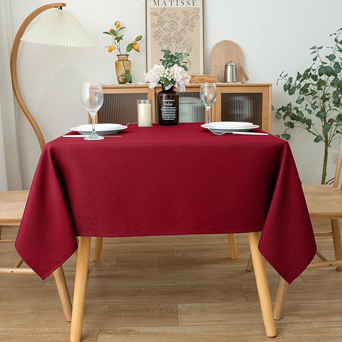 Biscaynebay Textured Fabric Christmas Square Table Cloth 90x90 Inch, Red Water Resistant Tablecloths for Dining, Kitchen, Wedding and Parties, Machine Washable
