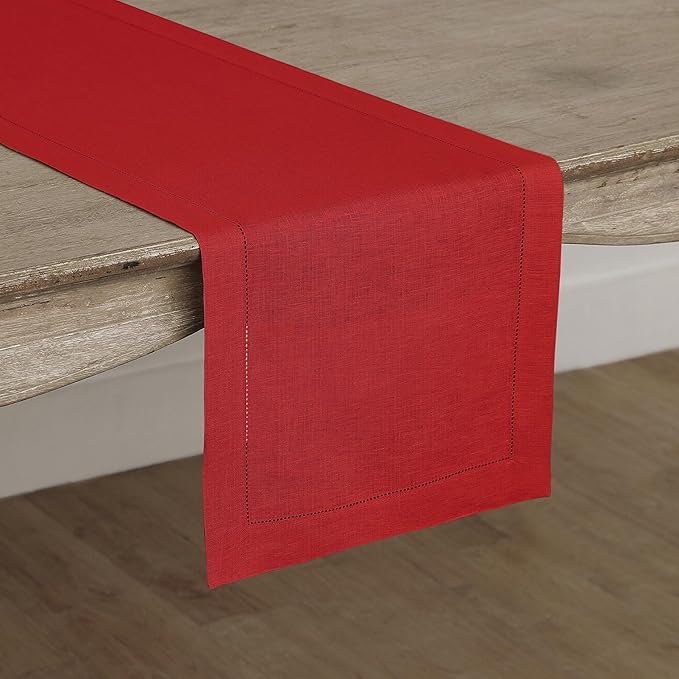 Solino Home Linen Red Table Runner 72 Inches Long - 100% Pure Linen Hemstitch Table Runner 14 x 72 Inch for Dresser, Dining, Christmas, Holiday - Classic Hemstitch