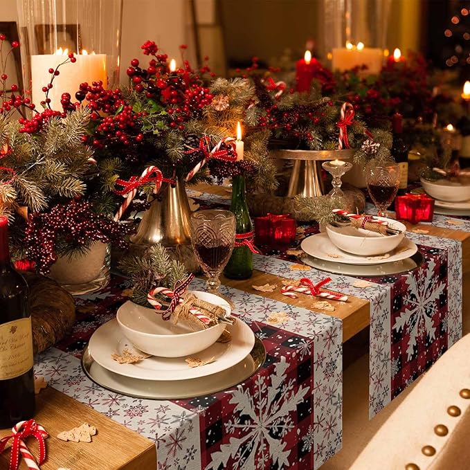Buffalo Plaid Christmas Cotton Linen Table Runner for Dining Kitchen, Snowflake Red Black Check Wedding Outdoor Party Tablerunner Decoration, Retro Dresser Scarf Coffee Tablecloth Runners 13x90 Inches