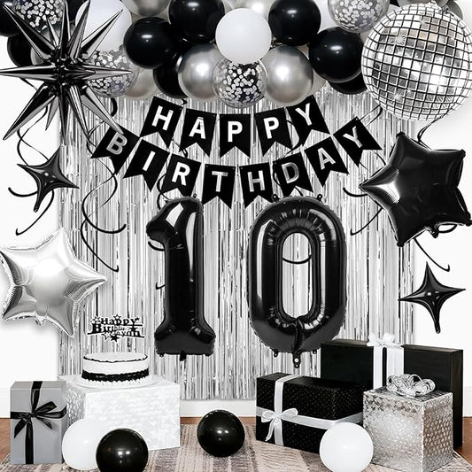 10th Birthday Decorations for Boys Girls, Black Silver Happy Birthday Party Decorations， 10 Year Old Party Supplies with Number 10 Balloons, Banner, Fringe Curtains Kit