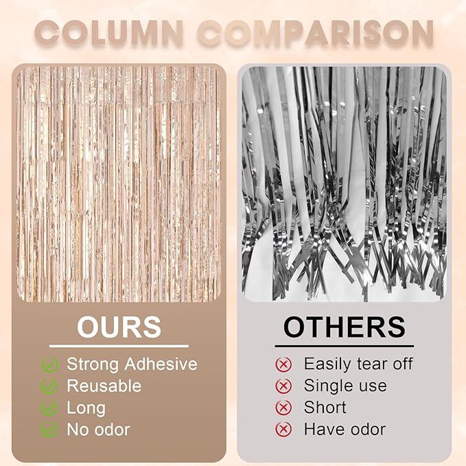 3 Pack 3.3 x 8.2 ft Laser Champagne Foil Fringe Backdrop Curtains, Tinsel Streamers Birthday Party Decorations, Fringe Backdrop for Graduation, Baby Shower, Gender Reveal, Disco Party