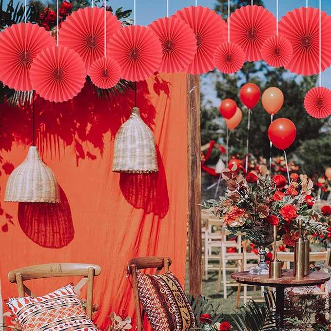 HQZ Red Party Hanging Fans DIY Set - 12pcs Pinwheels & Flowers for Weddings, Birthdays, Christmas; Hanging Fan Decorations