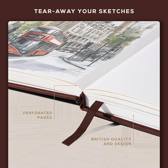 Beechmore Books A4 Sketchbook – 8.5x11 Premium Vegan Leather Bound Large Sketch Book Hardcover with 156 Thick 160gsm Perforated Ivory Pages, Blank Sketch Pad, Gift Boxed, Back Pocket, Ribbon Bookmark