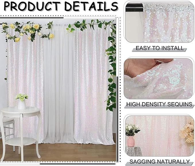 Iridescent White Sequin Backdrop Curtains 2 Panels 2FTx8FT Glitter Iridescent White Photo Backdrop Party Wedding Baby Shower Curtain Sparkle Photography Background