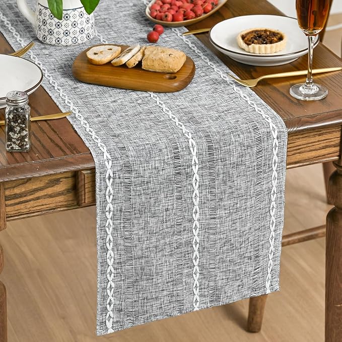 Artoid Mode Dark Grey Rustic Cotton Linen Table Runner, Seasonal Embroidered Hollow Kitchen Dining Table Decoration for Home Party Decor 13x90 Inch