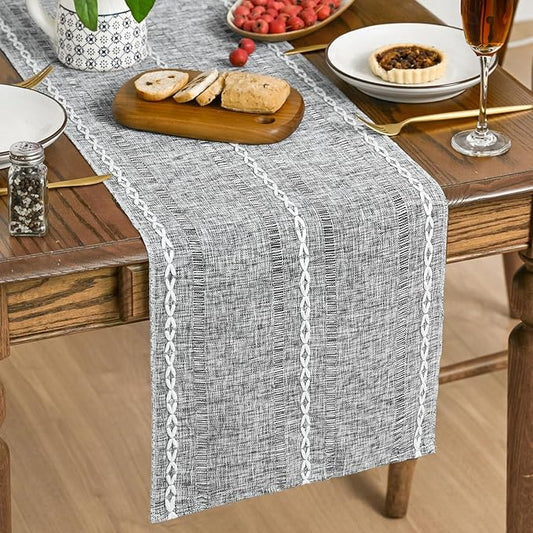 Artoid Mode Dark Grey Rustic Cotton Linen Table Runner, Seasonal Embroidered Hollow Kitchen Dining Table Decoration for Home Party Decor 13x90 Inch