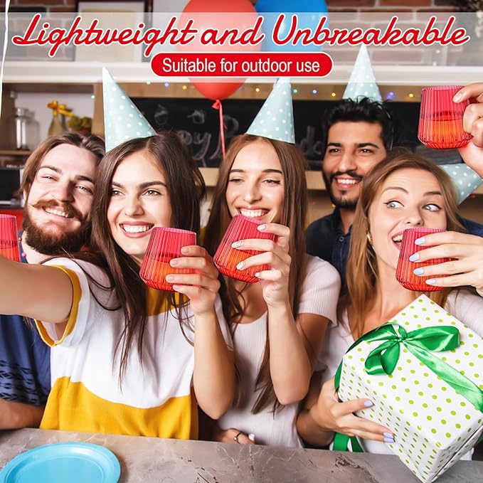 Suclain Plastic Wine Glasses Ribbed Stemless Wine Glasses 14oz Vertical Design Unbreakable Cups for Outdoor Indoor Vintage Elegant Champagne Whiskey Cups for Party Wedding(Red,50 Pcs)