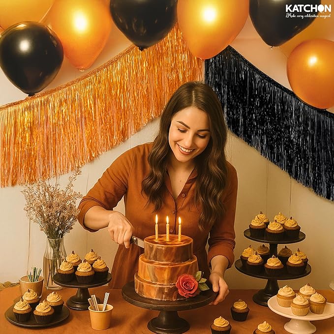 KatchOn, XtraLarge Black and Orange Fringe Banner - 6.5 Ft, Pack of 2 | Halloween Tinsel Garland for Halloween Decorations, Orange and Black Party Decorations | Foil Fringe Garland for Birthday Party