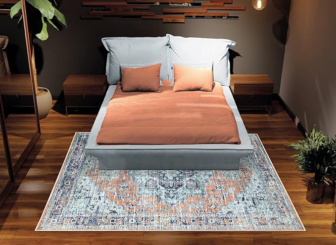 Bloom Rugs Washable Non-Slip 8' x 10' Rug - Peach/Blue Traditional Area Rug for Living Room, Bedroom, Dining Room, and Kitchen - Exact Size: 8' x 10'