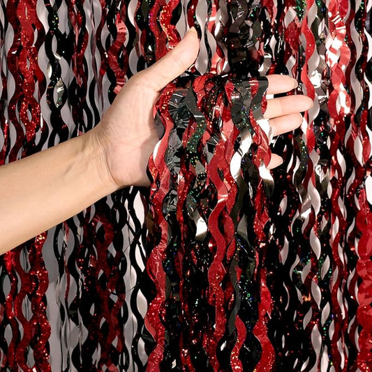 4 Pack 3.3x6.6 ft Red and Black Foil Fringe Backdrop Curtains - Wavy Tinsel Streamers Birthday Birthay Decorations, Fringe Backdrop for Graduation, Xmas, Disco Party