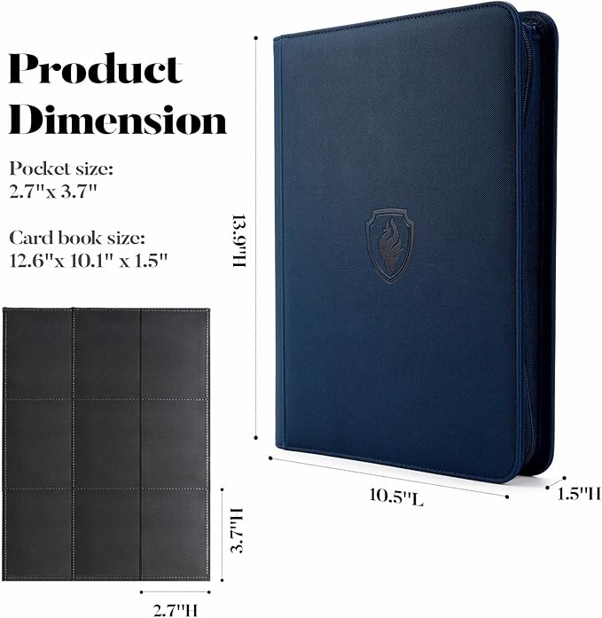 360 9 Pocket Zipper Binder - Premium PU Cover Zip Binder for Trading Cards, MTG, TCG, Sports Cards, Navy Blue