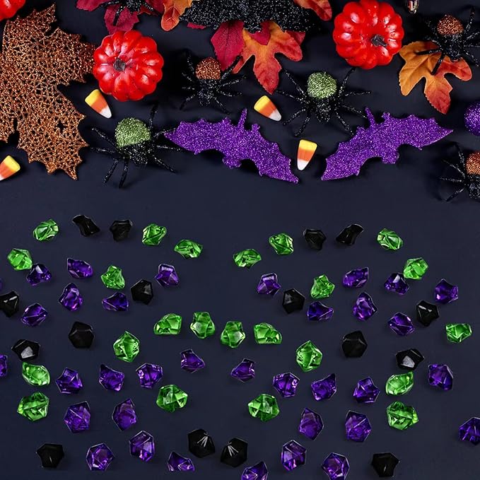 HappyFiller Halloween Decoration Fake Ice Rocks Crystal Cubes Stones for Vase Fillers,Party Decor, Crafts,Pirate Treasure Jewels Plastic Gemstone,Table Scatters,Mix Purple Green Black,15 OZ