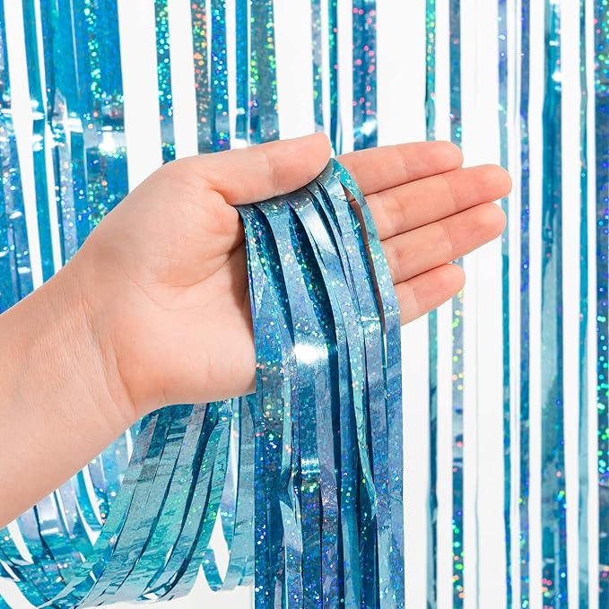 Blue Tinsel Curtain Party Backdrop - GREATRIL Foil Curtain Party Photo Streamers Backdrop for Frozen/Mermaid/Under Sea/Baby Party Decorations - Pack of 2